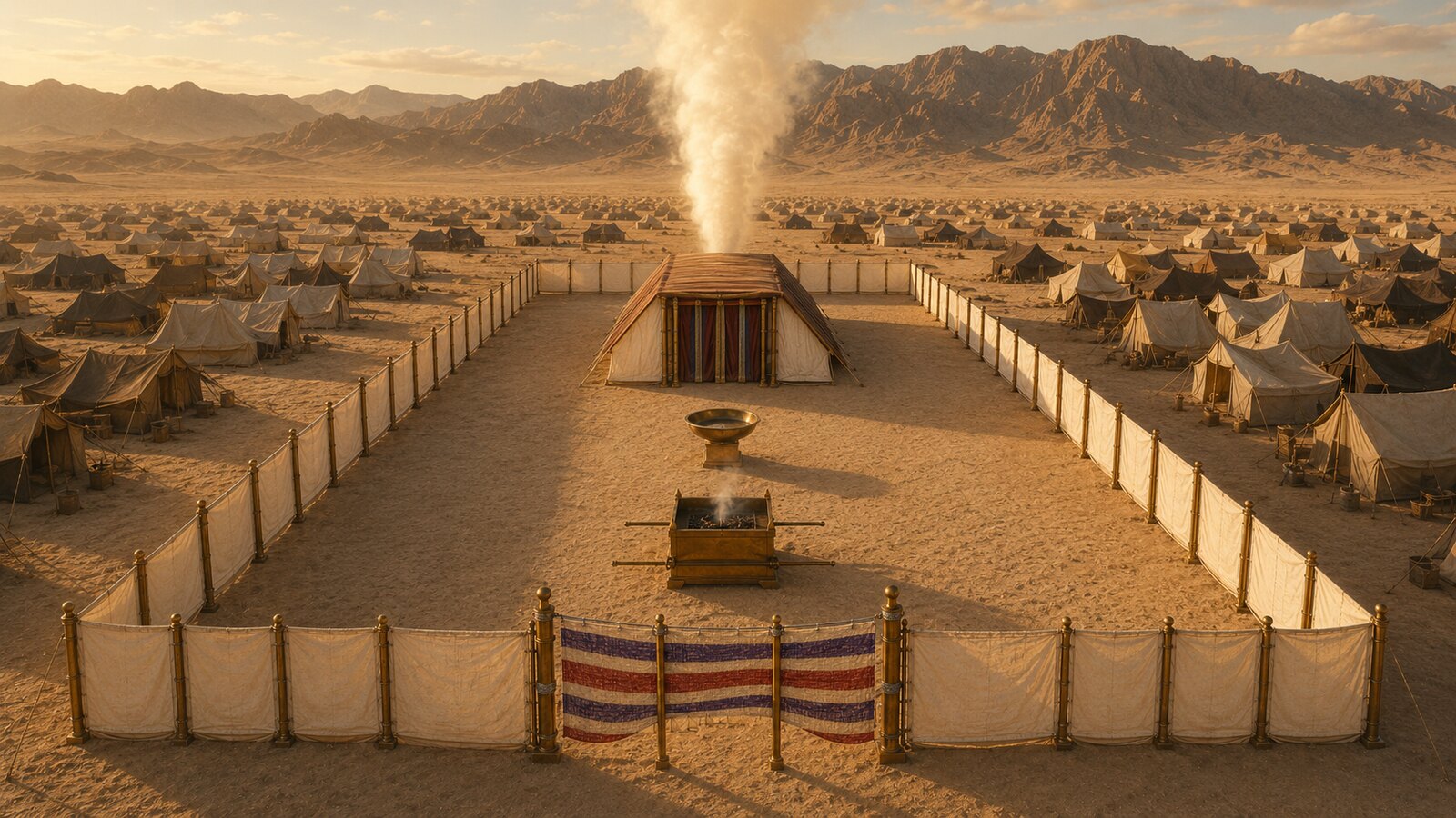 The whole tabernacle and its courtyard in the wilderness, seen from above, with the camp of Israel surrounding it
